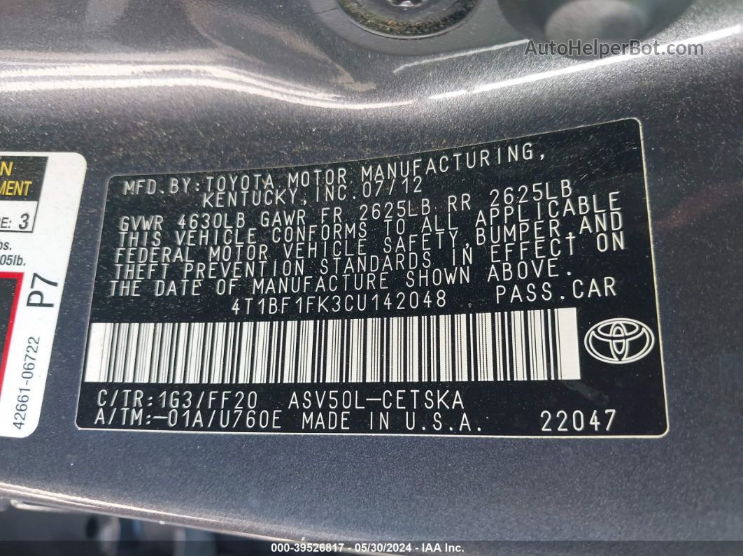 2012 Toyota Camry Se Gray vin: 4T1BF1FK3CU142048