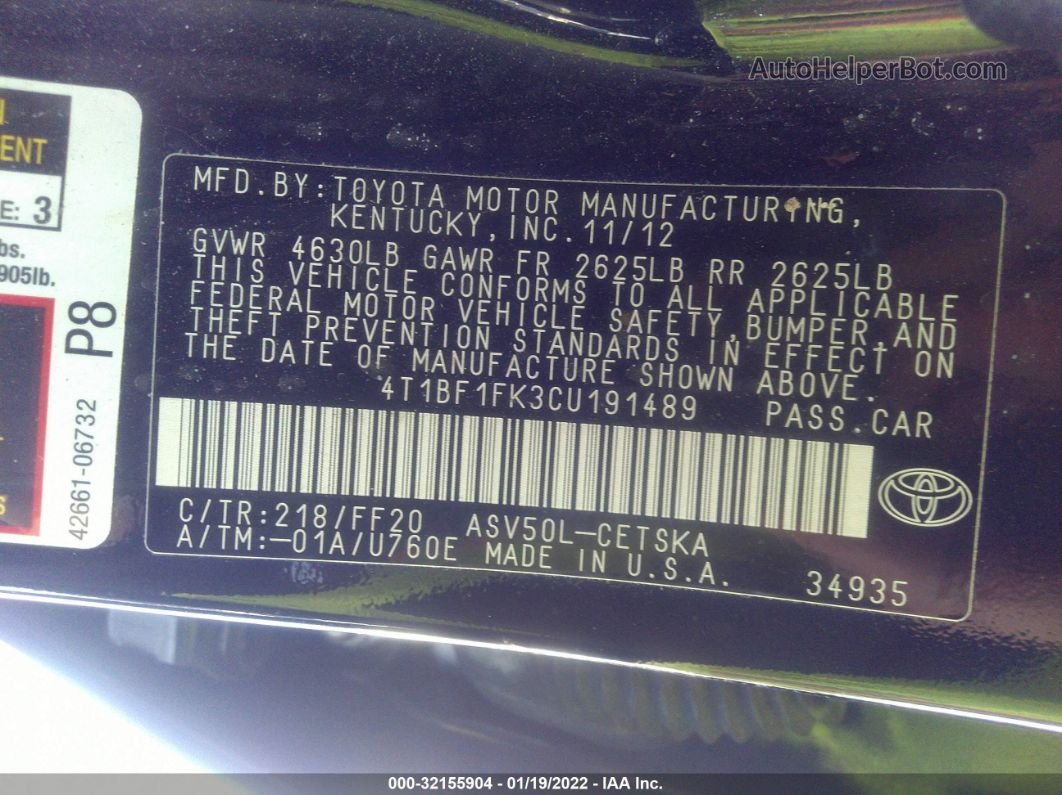 2012 Toyota Camry Se Limited Edition Черный vin: 4T1BF1FK3CU191489