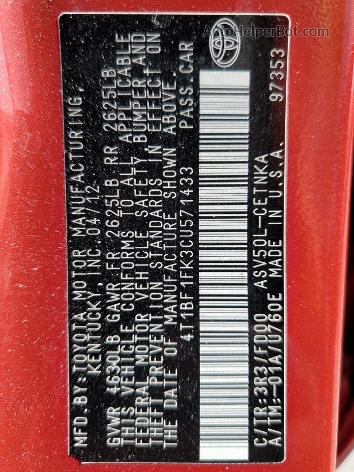 2012 Toyota Camry Base Красный vin: 4T1BF1FK3CU571433