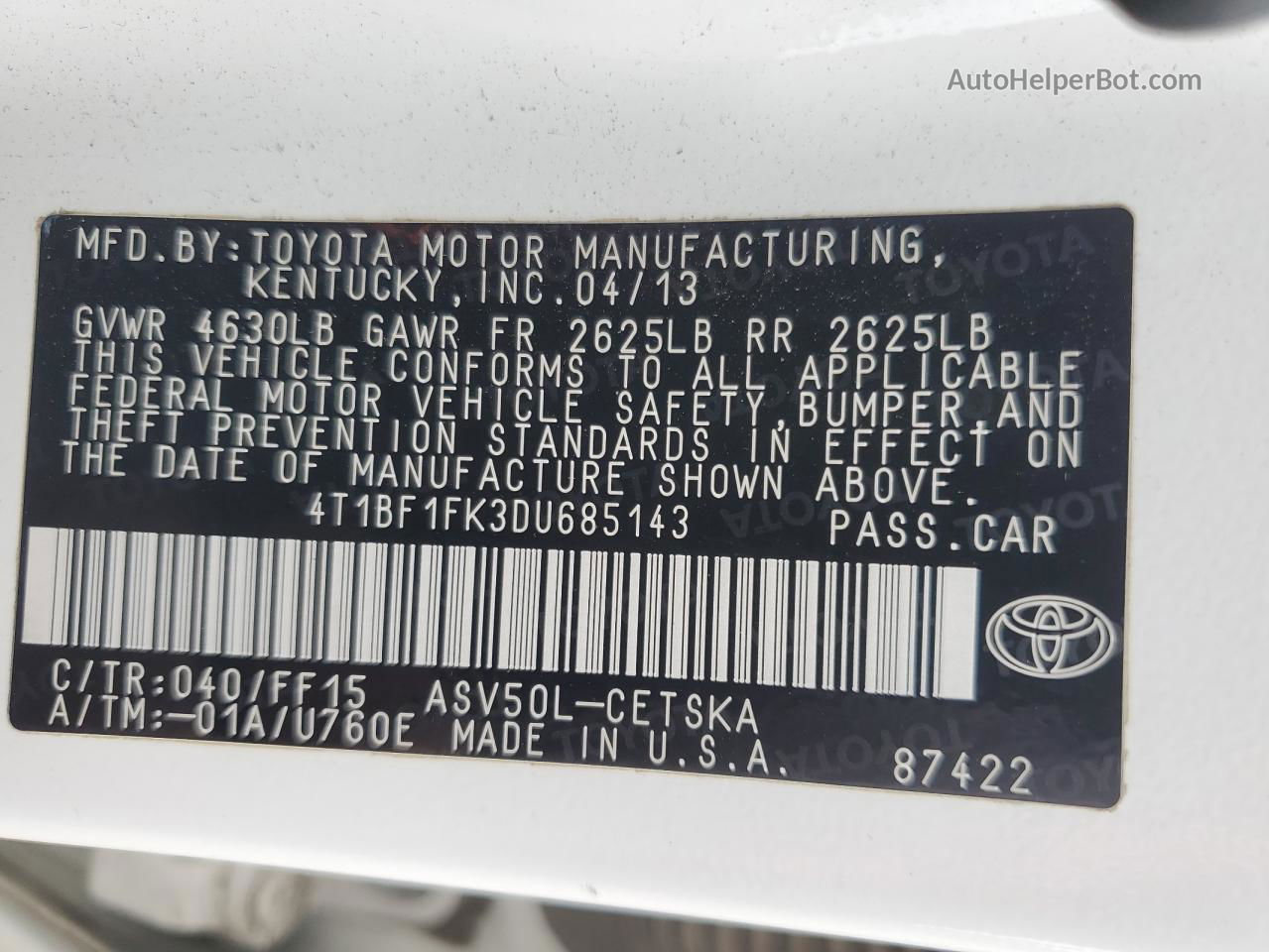 2013 Toyota Camry L White vin: 4T1BF1FK3DU685143