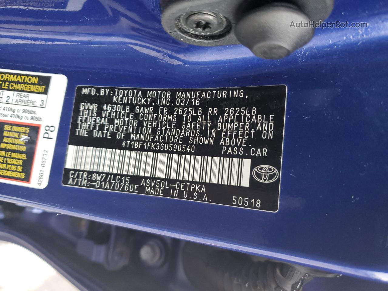 2016 Toyota Camry Le Синий vin: 4T1BF1FK3GU590540