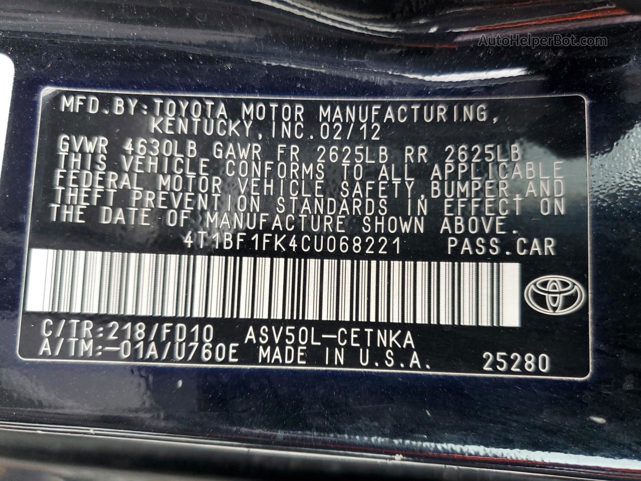 2012 Toyota Camry Base Черный vin: 4T1BF1FK4CU068221