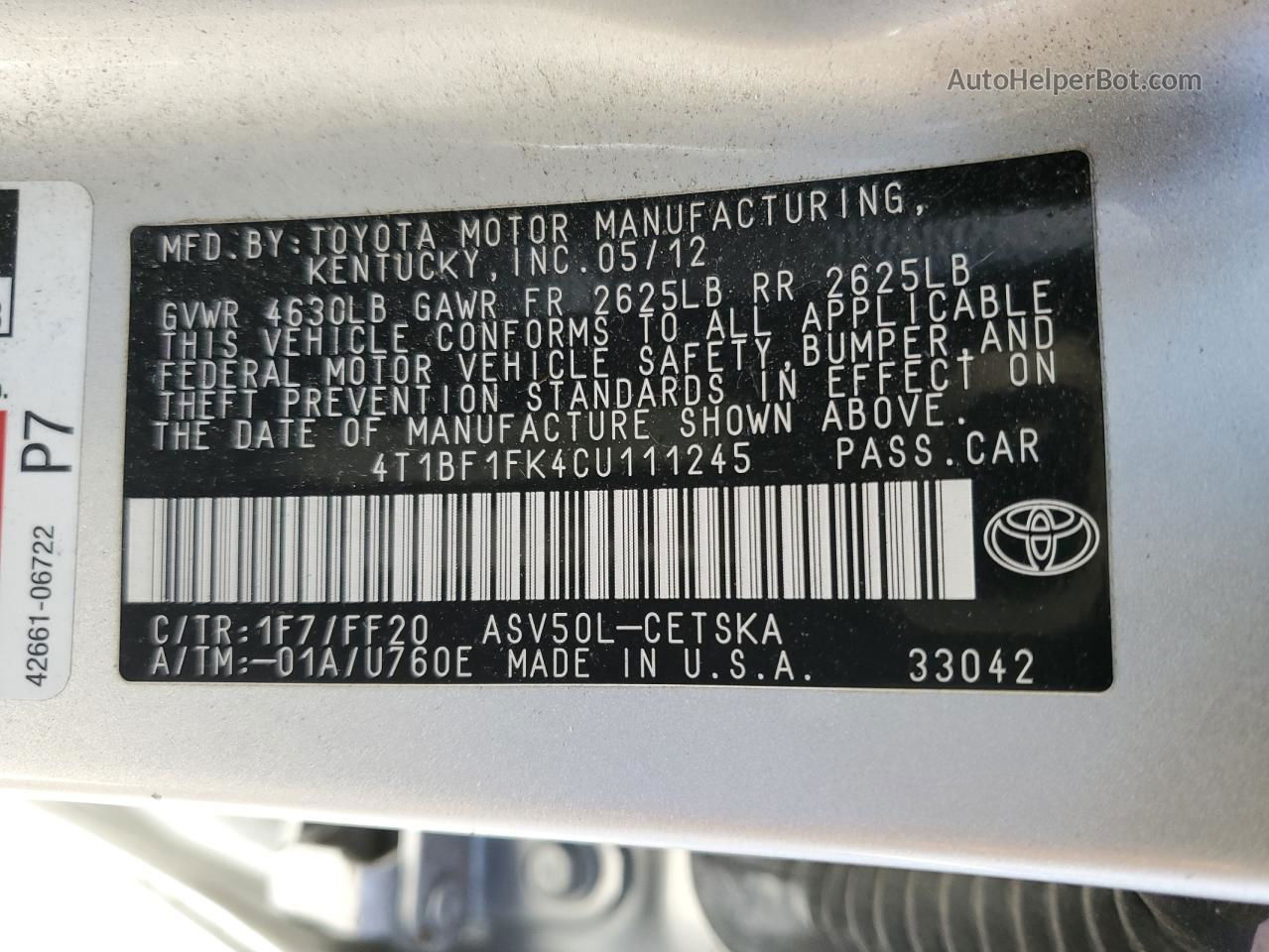 2012 Toyota Camry Base Silver vin: 4T1BF1FK4CU111245