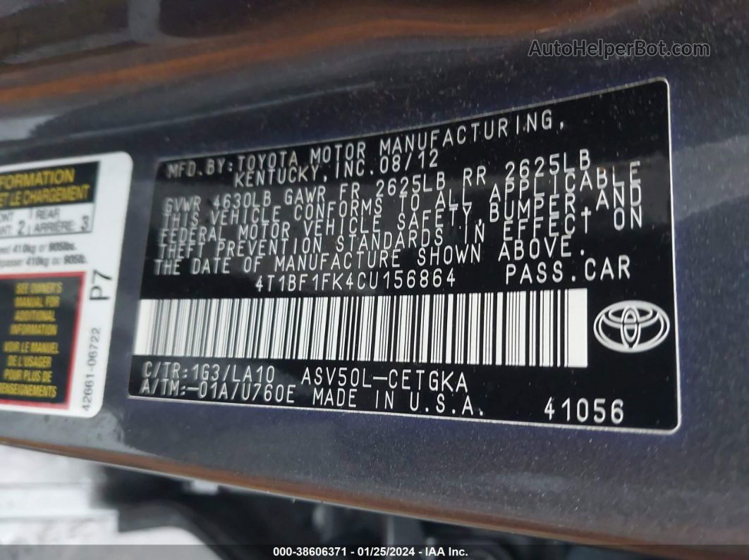 2012 Toyota Camry Xle Gray vin: 4T1BF1FK4CU156864