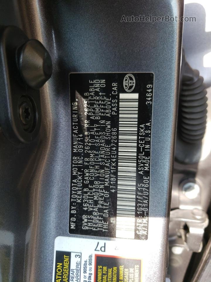 2014 Toyota Camry L Gray vin: 4T1BF1FK4EU472686