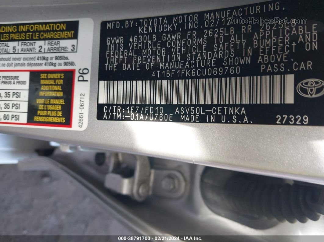 2012 Toyota Camry Le Silver vin: 4T1BF1FK6CU069760