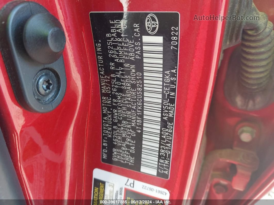 2012 Toyota Camry Xle Красный vin: 4T1BF1FK6CU582510