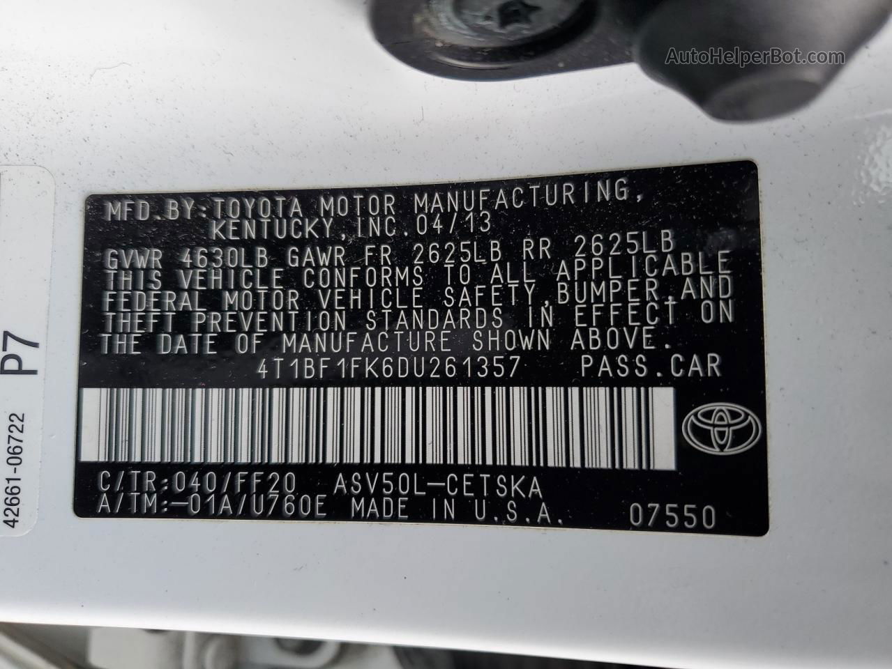 2013 Toyota Camry L White vin: 4T1BF1FK6DU261357