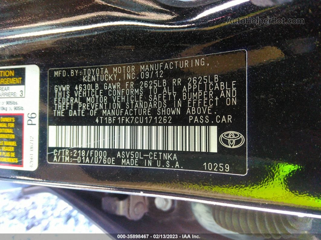 2012 Toyota Camry Le Черный vin: 4T1BF1FK7CU171262