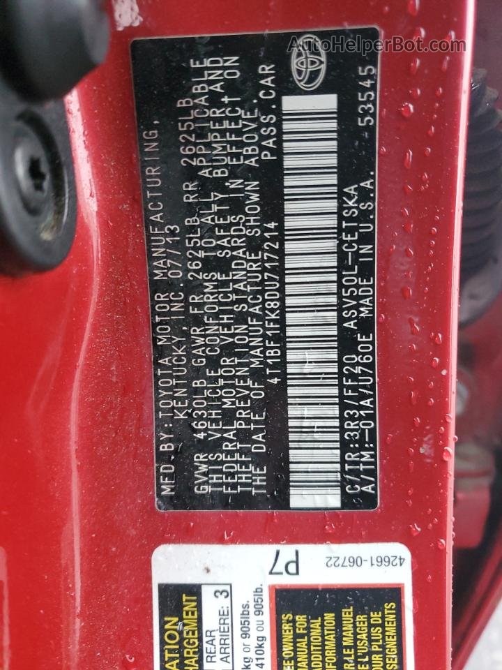 2013 Toyota Camry L Red vin: 4T1BF1FK8DU717214