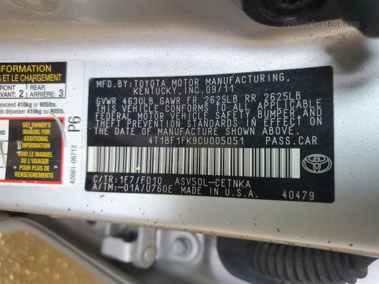 2012 Toyota Camry Base Silver vin: 4T1BF1FK9CU005051
