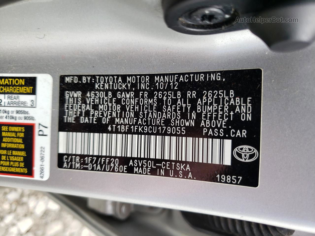 2012 Toyota Camry Base Silver vin: 4T1BF1FK9CU179055