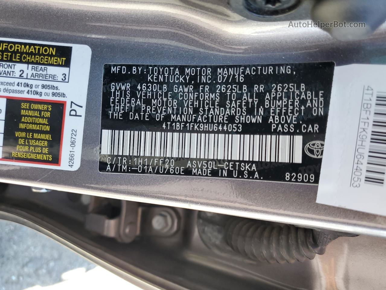 2017 Toyota Camry Le Charcoal vin: 4T1BF1FK9HU644053