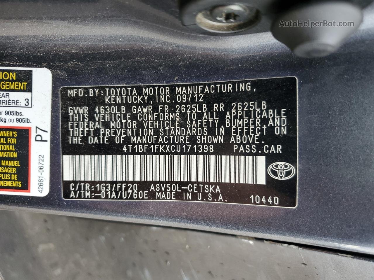 2012 Toyota Camry Base Gray vin: 4T1BF1FKXCU171398