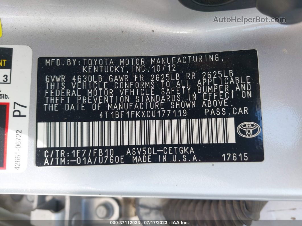 2012 Toyota Camry L/le/se/xle Серебряный vin: 4T1BF1FKXCU177119