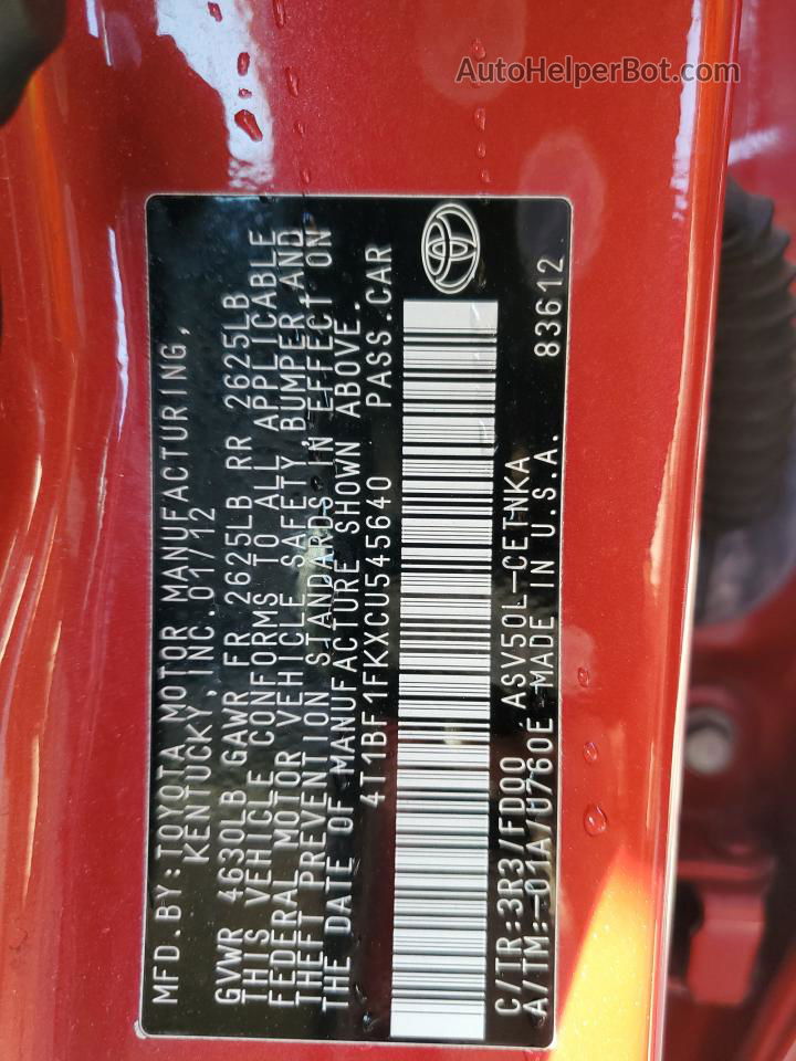 2012 Toyota Camry Base Красный vin: 4T1BF1FKXCU545640