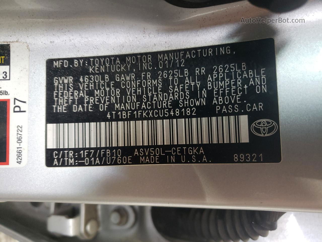 2012 Toyota Camry Base Silver vin: 4T1BF1FKXCU548182