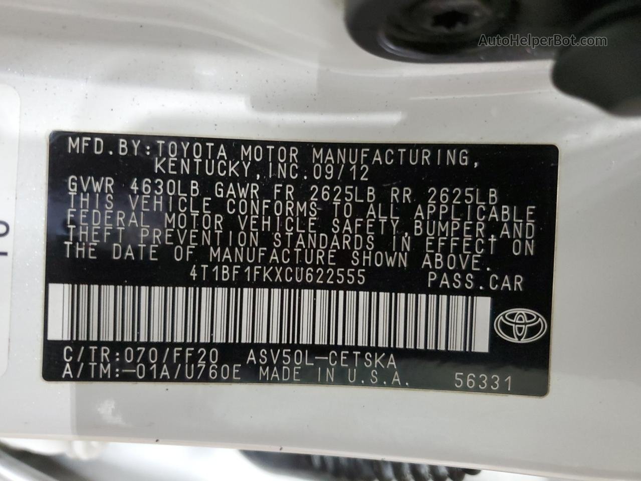 2012 Toyota Camry Base White vin: 4T1BF1FKXCU622555
