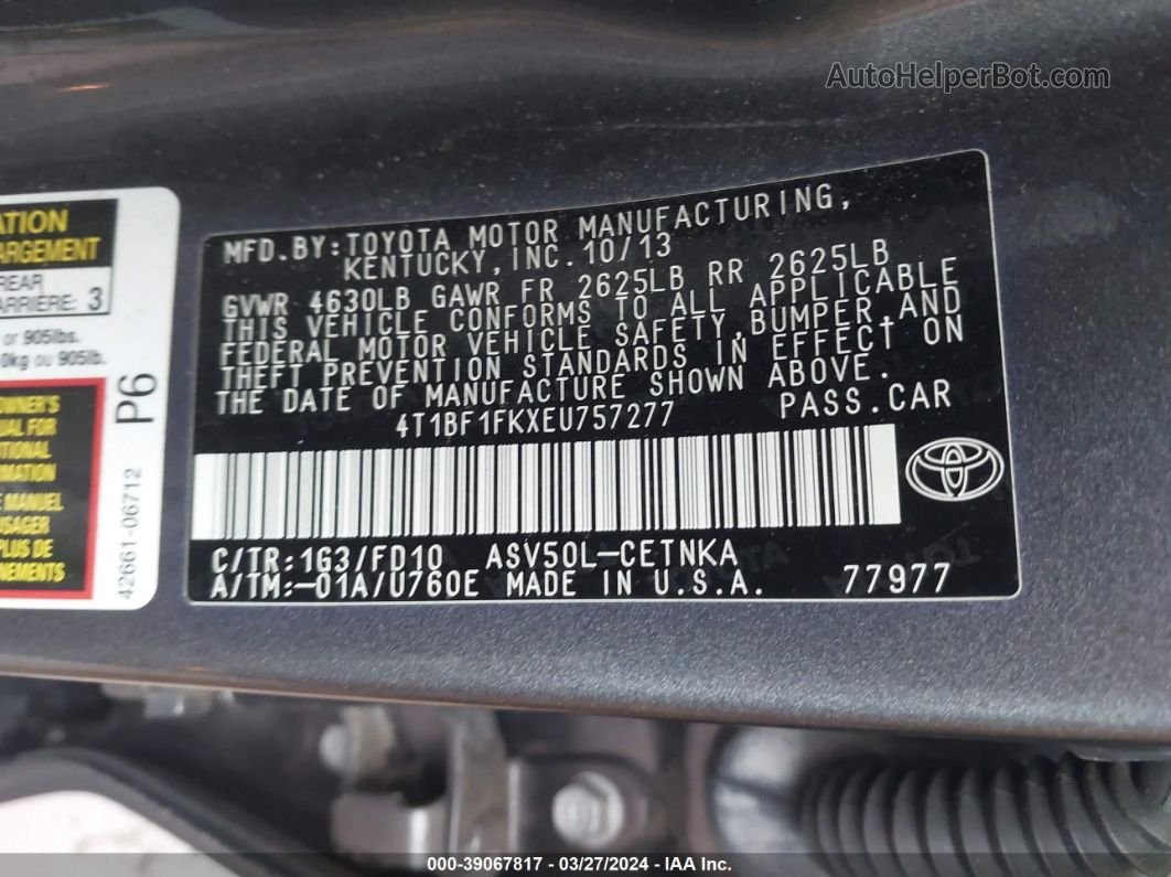2014 Toyota Camry Le Gray vin: 4T1BF1FKXEU757277