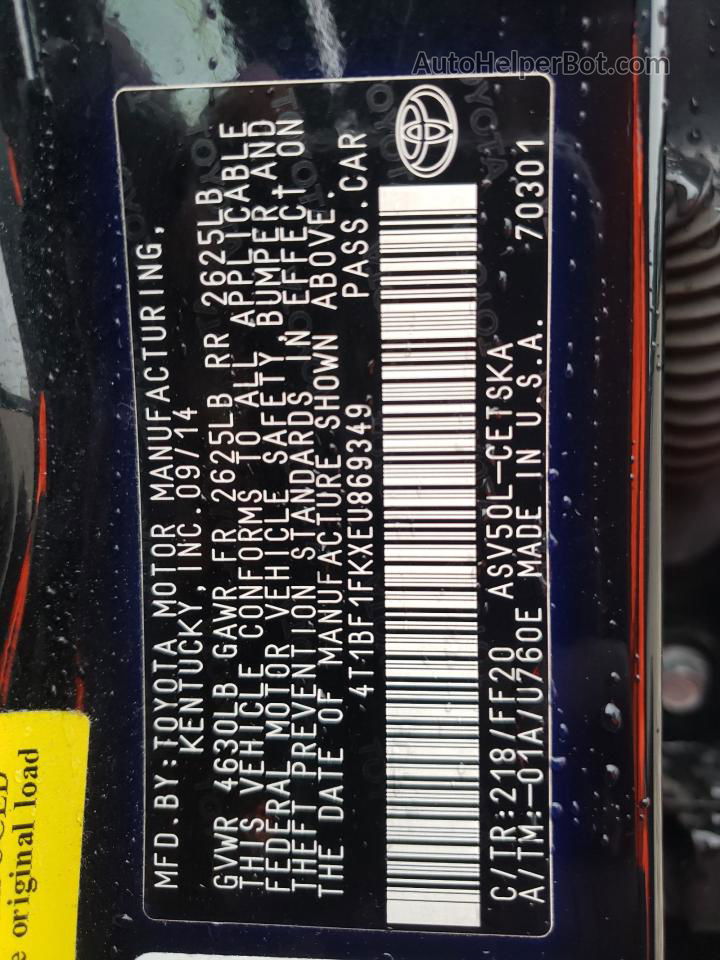 2014 Toyota Camry L Black vin: 4T1BF1FKXEU869349