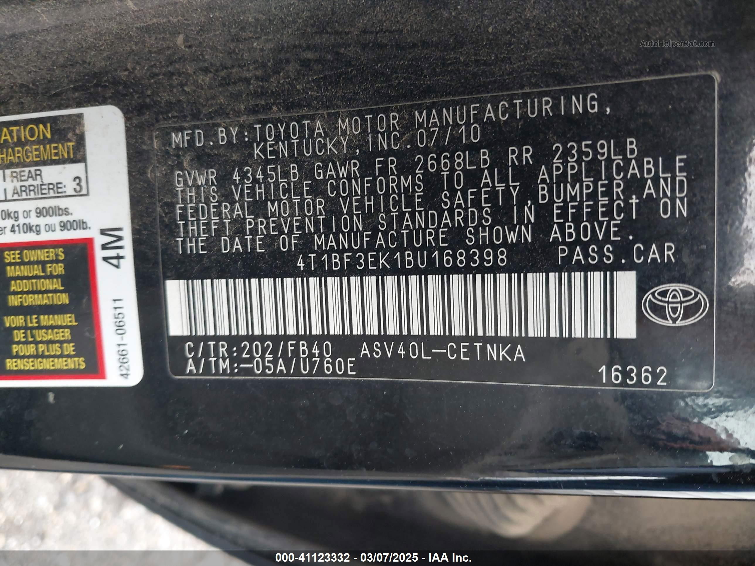 2011 Toyota Camry Le Black vin: 4T1BF3EK1BU168398