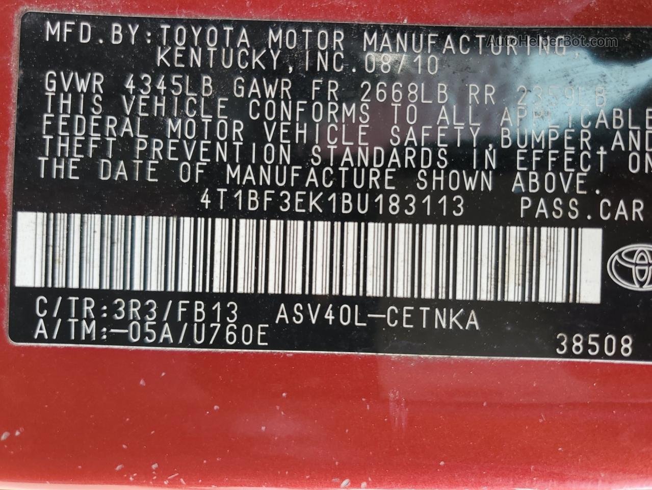 2011 Toyota Camry Base Red vin: 4T1BF3EK1BU183113