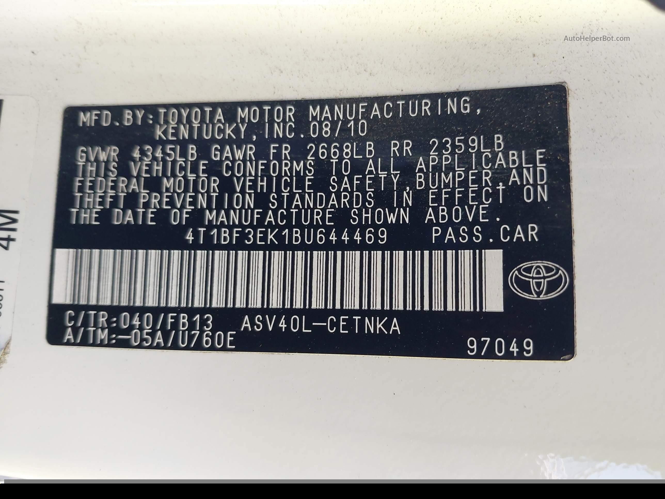 2011 Toyota Camry Le White vin: 4T1BF3EK1BU644469