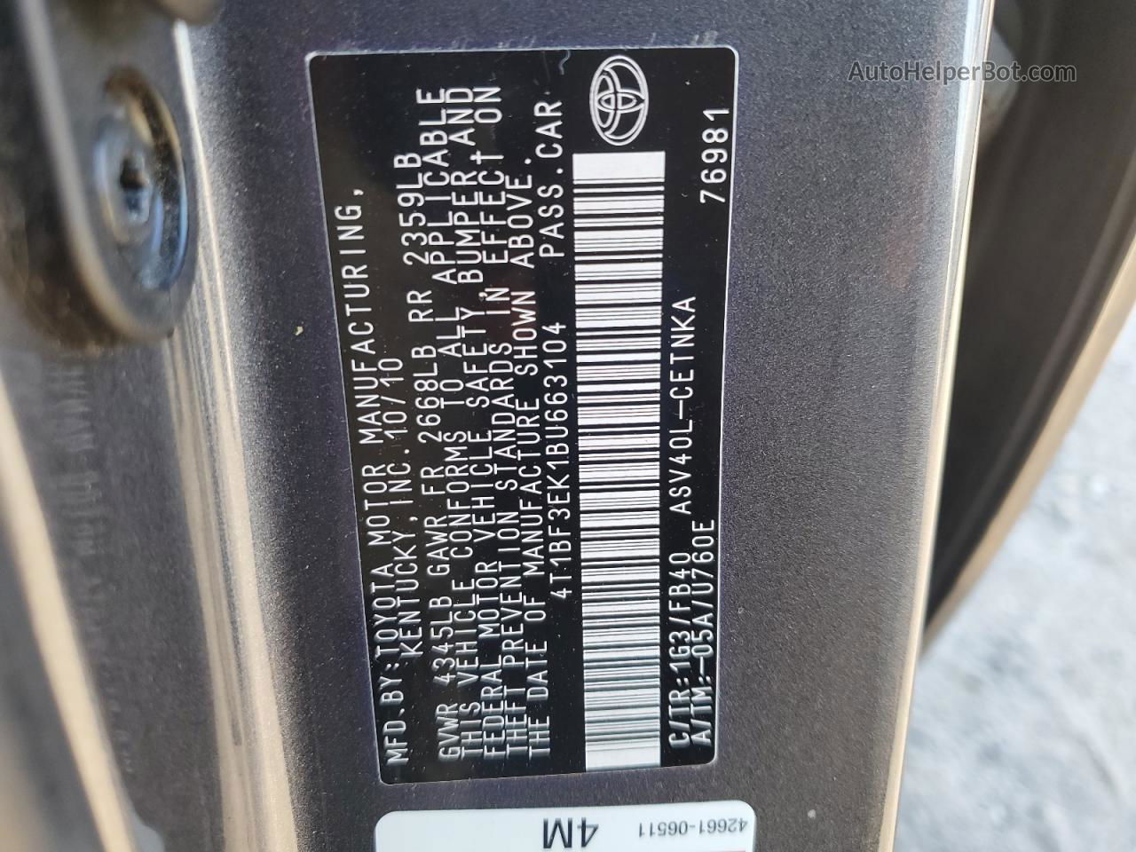2011 Toyota Camry Base Gray vin: 4T1BF3EK1BU663104