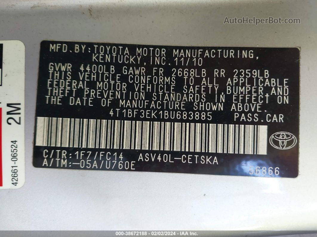 2011 Toyota Camry Se Серебряный vin: 4T1BF3EK1BU683885