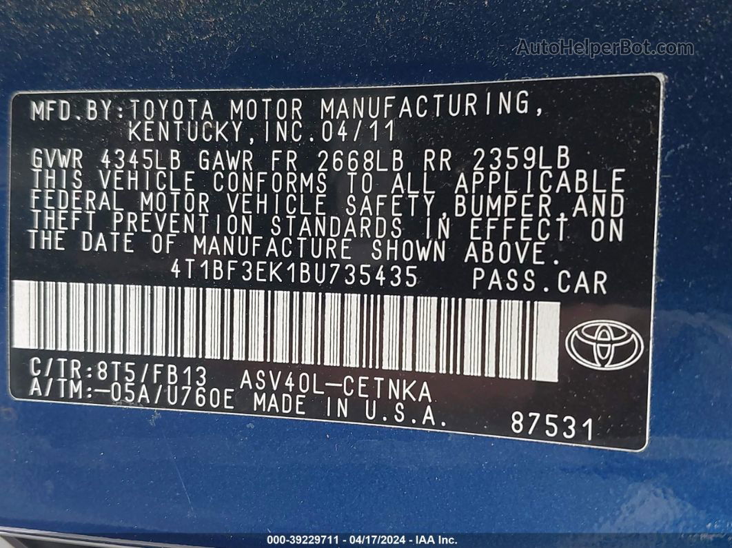 2011 Toyota Camry   Blue vin: 4T1BF3EK1BU735435