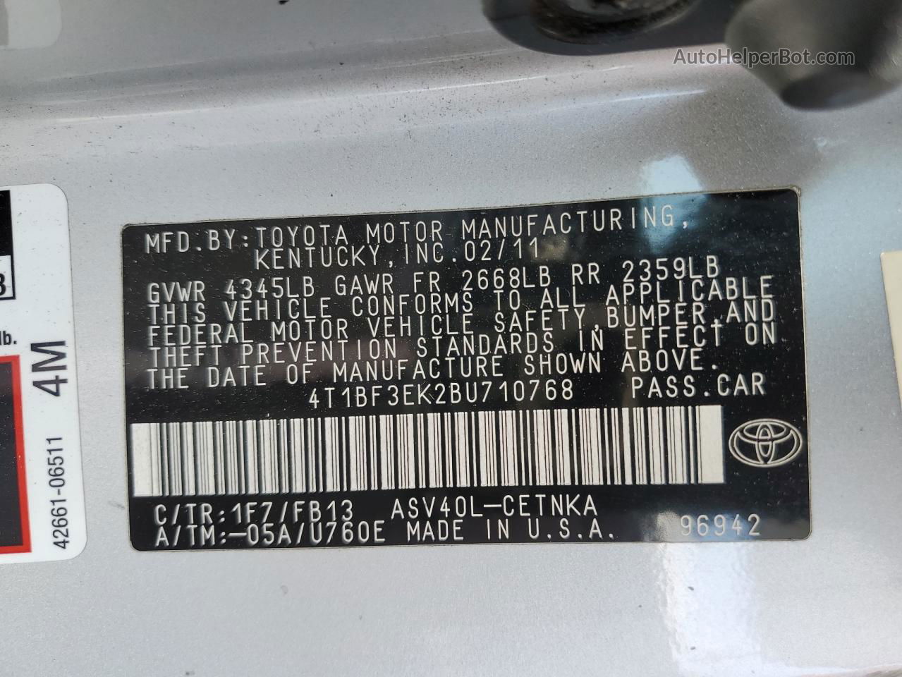 2011 Toyota Camry Base Silver vin: 4T1BF3EK2BU710768