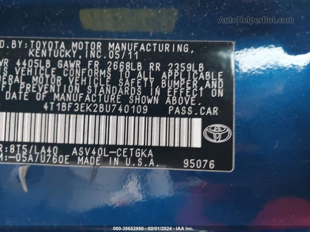 2011 Toyota Camry Xle Blue vin: 4T1BF3EK2BU740109