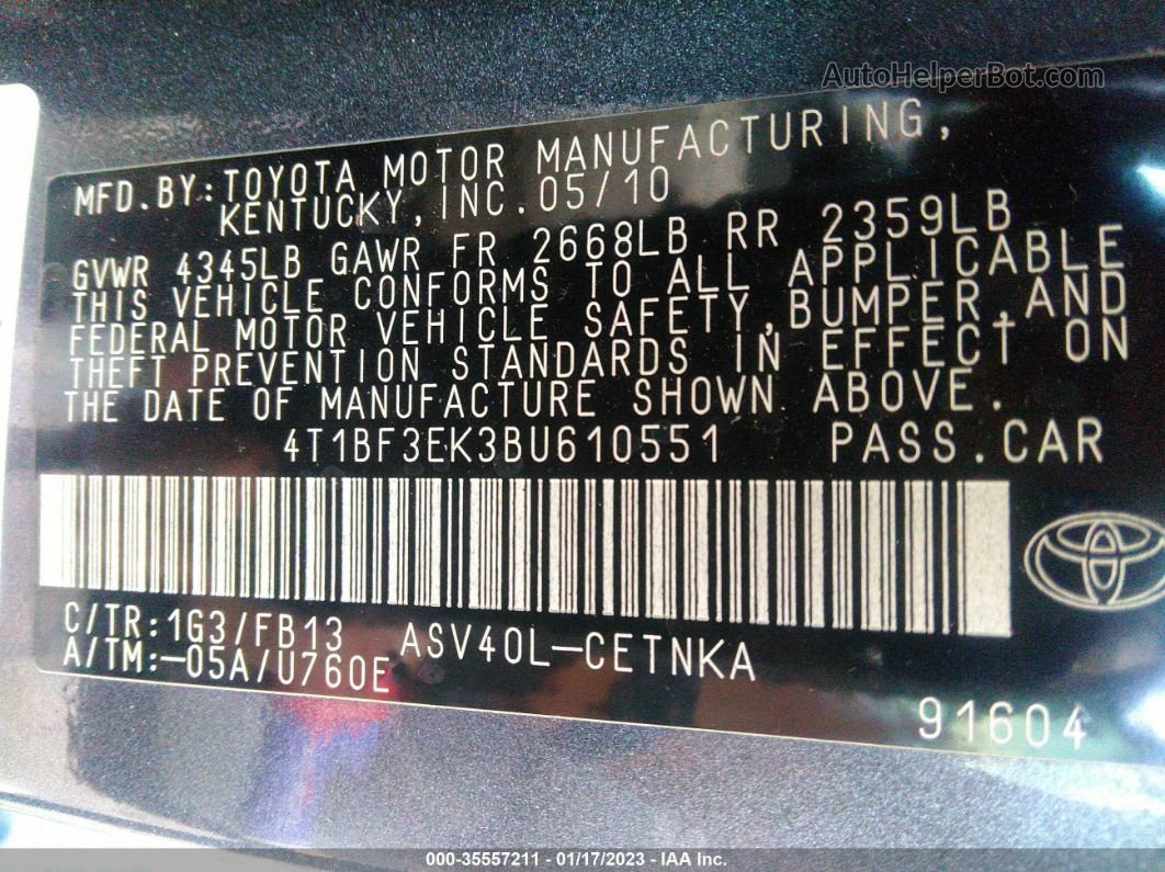 2011 Toyota Camry   Gray vin: 4T1BF3EK3BU610551