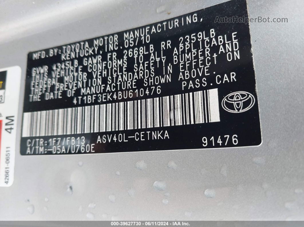 2011 Toyota Camry Le Silver vin: 4T1BF3EK4BU610476