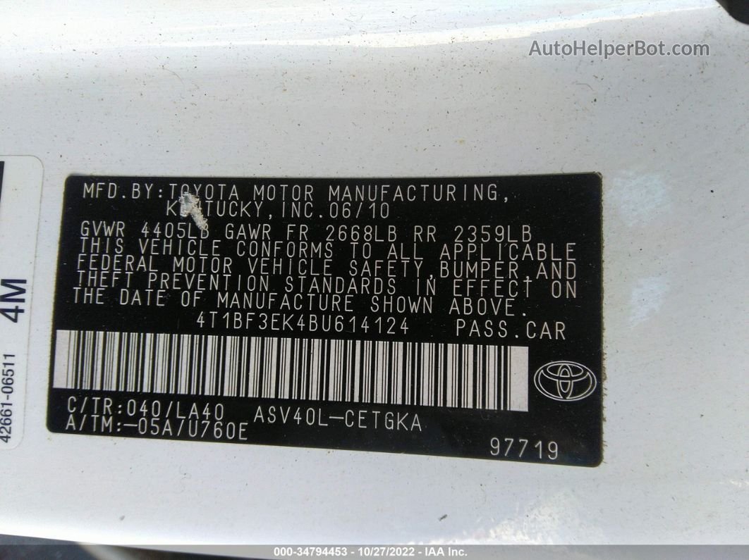 2011 Toyota Camry White vin: 4T1BF3EK4BU614124