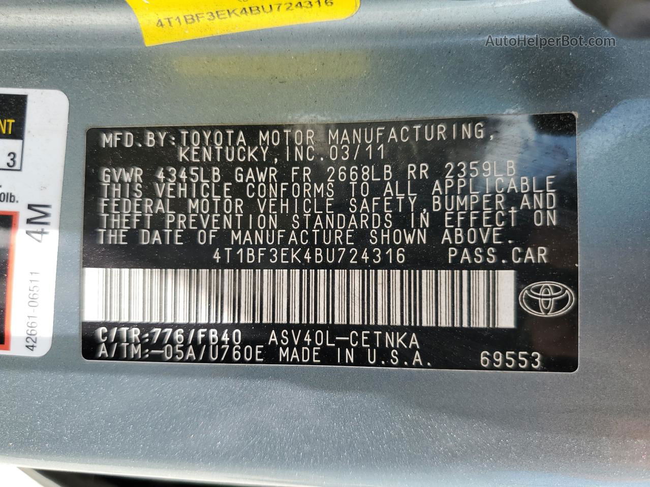 2011 Toyota Camry Base Teal vin: 4T1BF3EK4BU724316