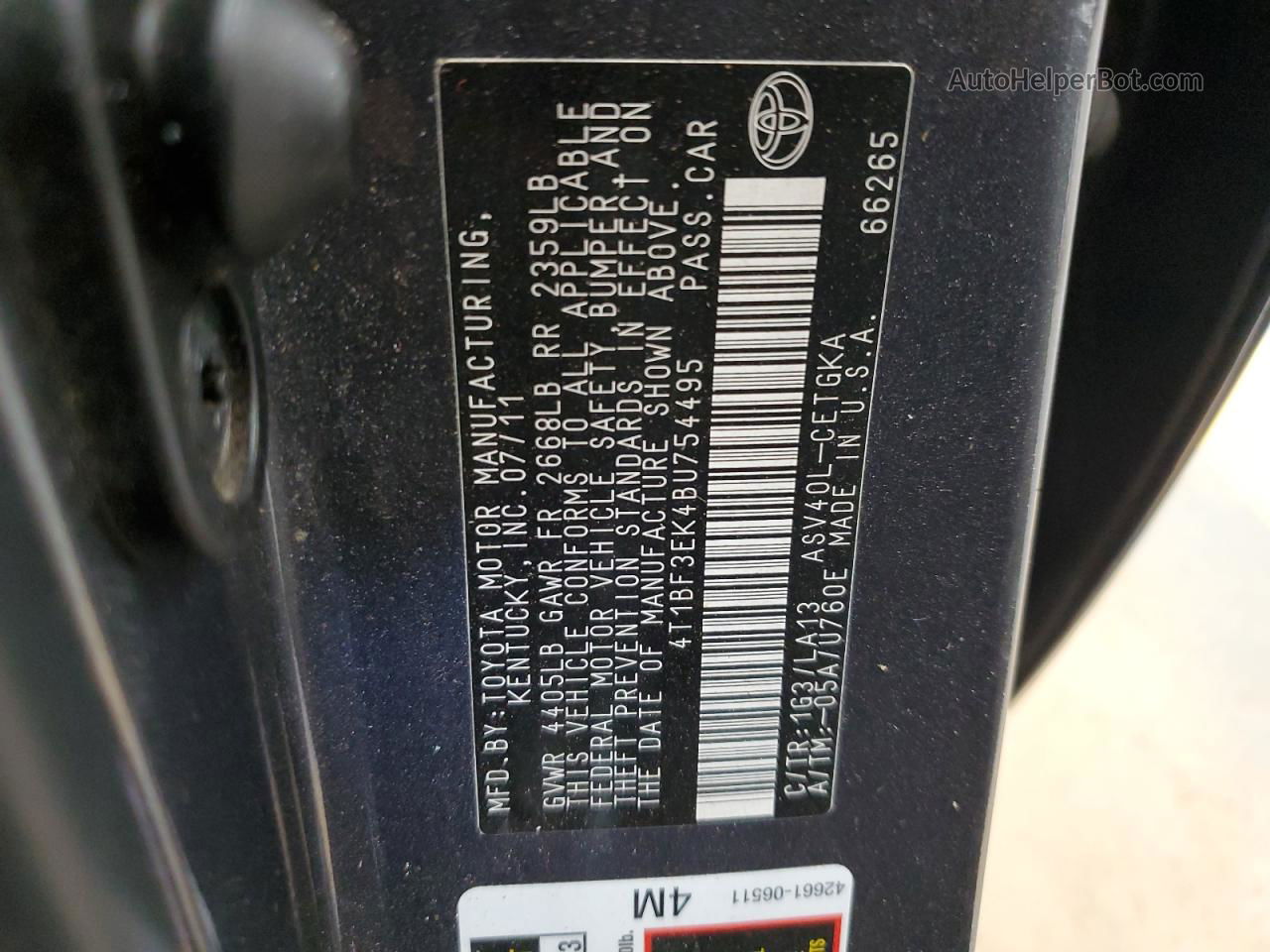 2011 Toyota Camry Base Gray vin: 4T1BF3EK4BU754495