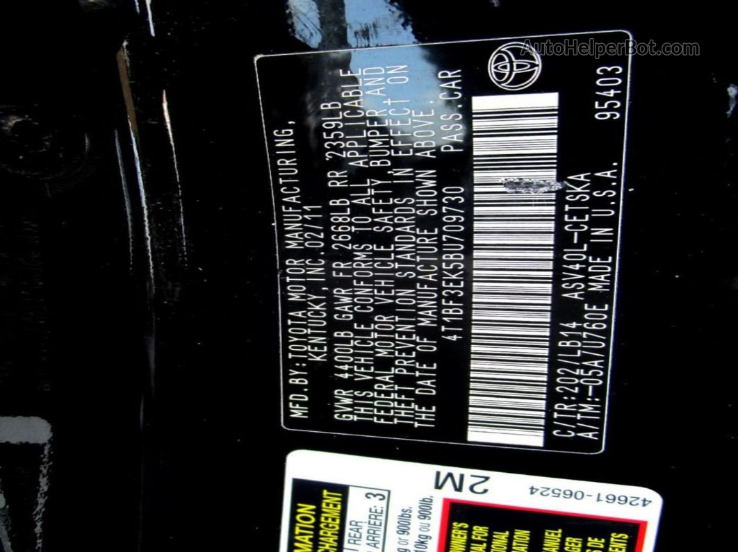 2011 Toyota Camry Черный vin: 4T1BF3EK5BU709730