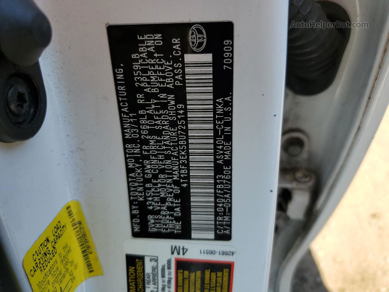 2011 Toyota Camry Base White vin: 4T1BF3EK5BU725149