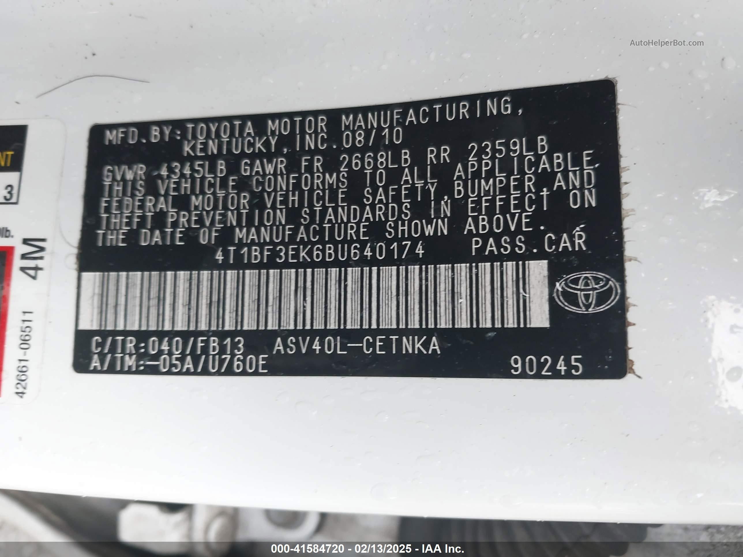 2011 Toyota Camry Le Белый vin: 4T1BF3EK6BU640174