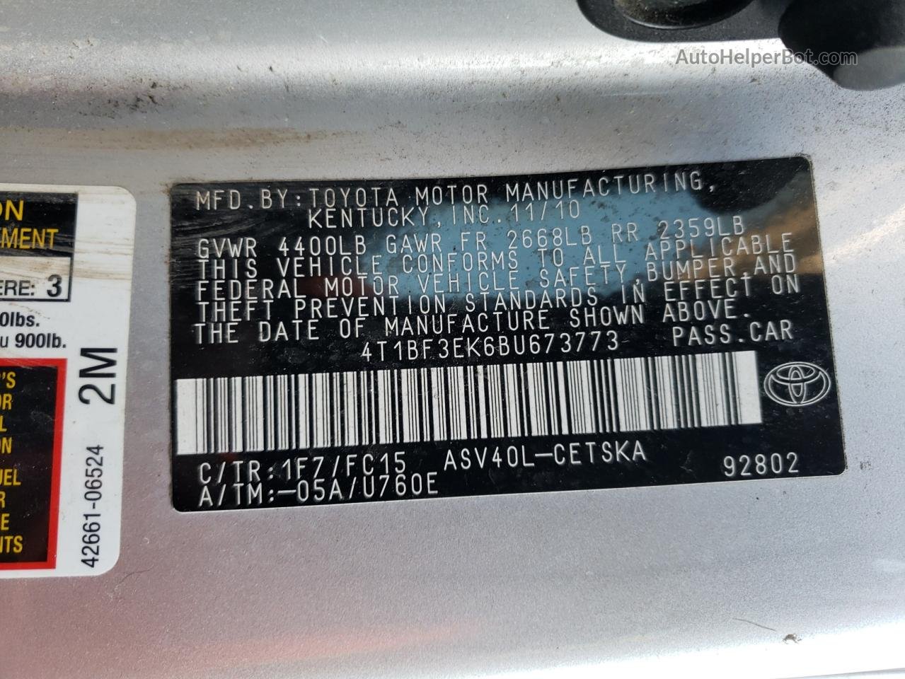 2011 Toyota Camry Base Silver vin: 4T1BF3EK6BU673773