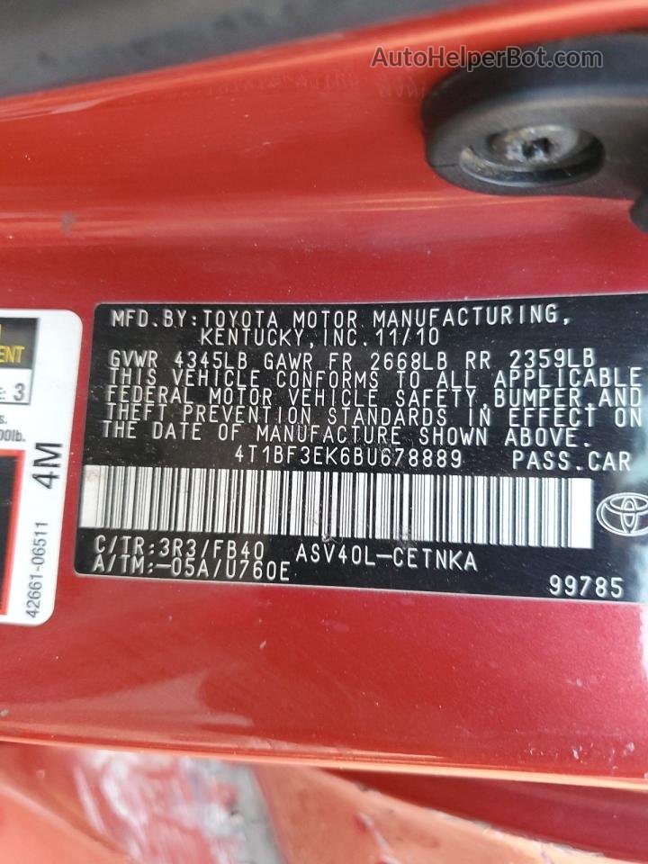 2011 Toyota Camry Base Красный vin: 4T1BF3EK6BU678889