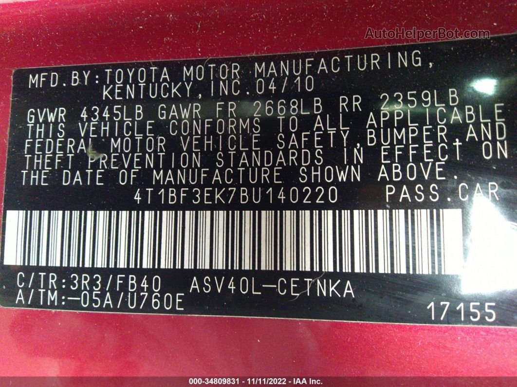 2011 Toyota Camry Red vin: 4T1BF3EK7BU140220