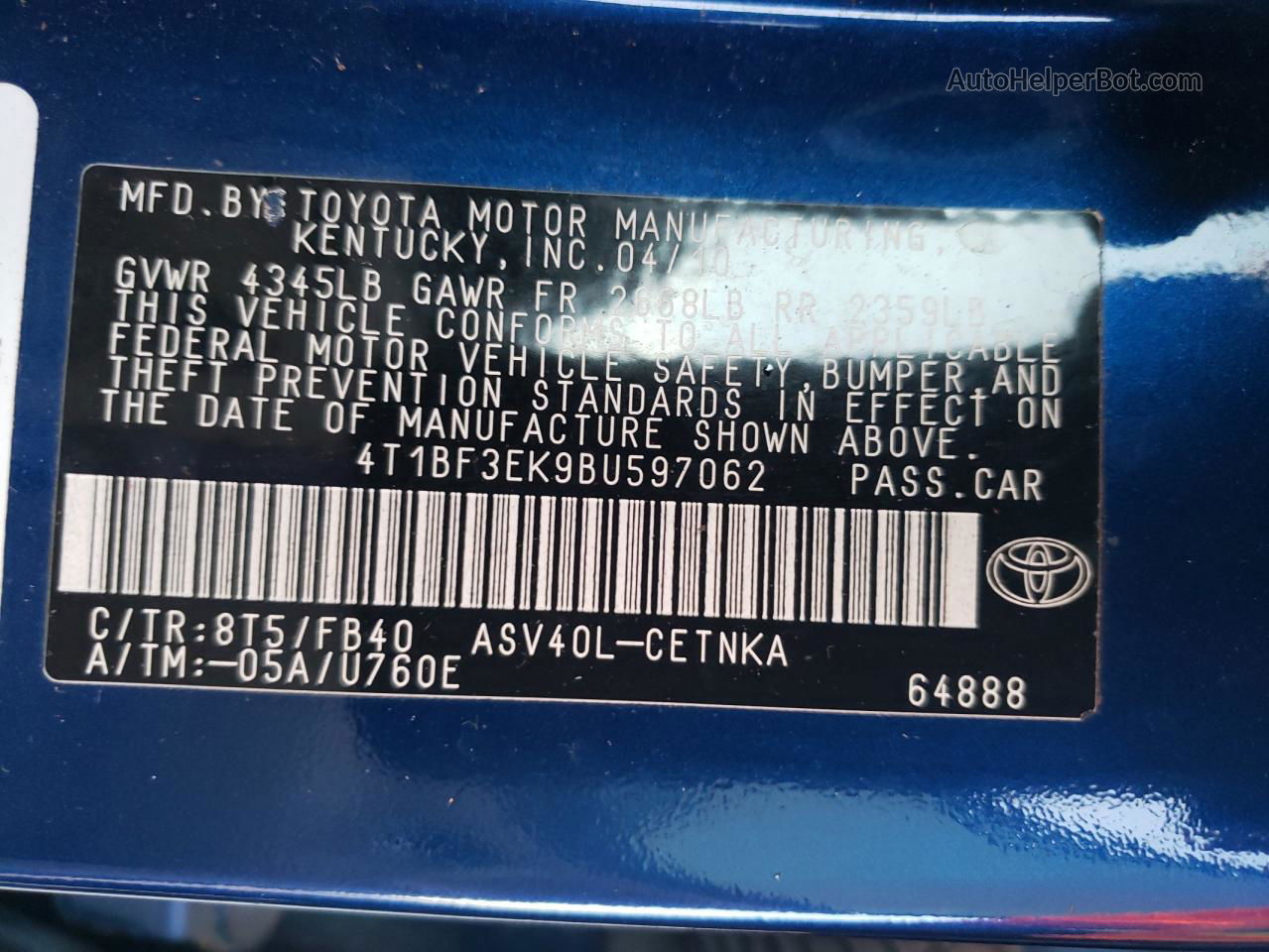 2011 Toyota Camry Base Blue vin: 4T1BF3EK9BU597062