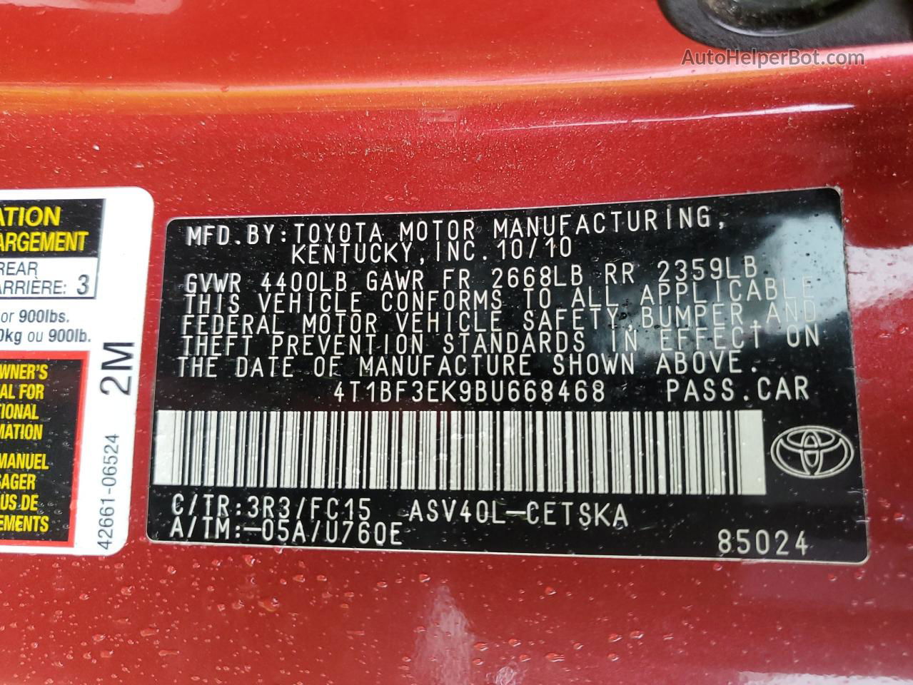 2011 Toyota Camry Base Red vin: 4T1BF3EK9BU668468