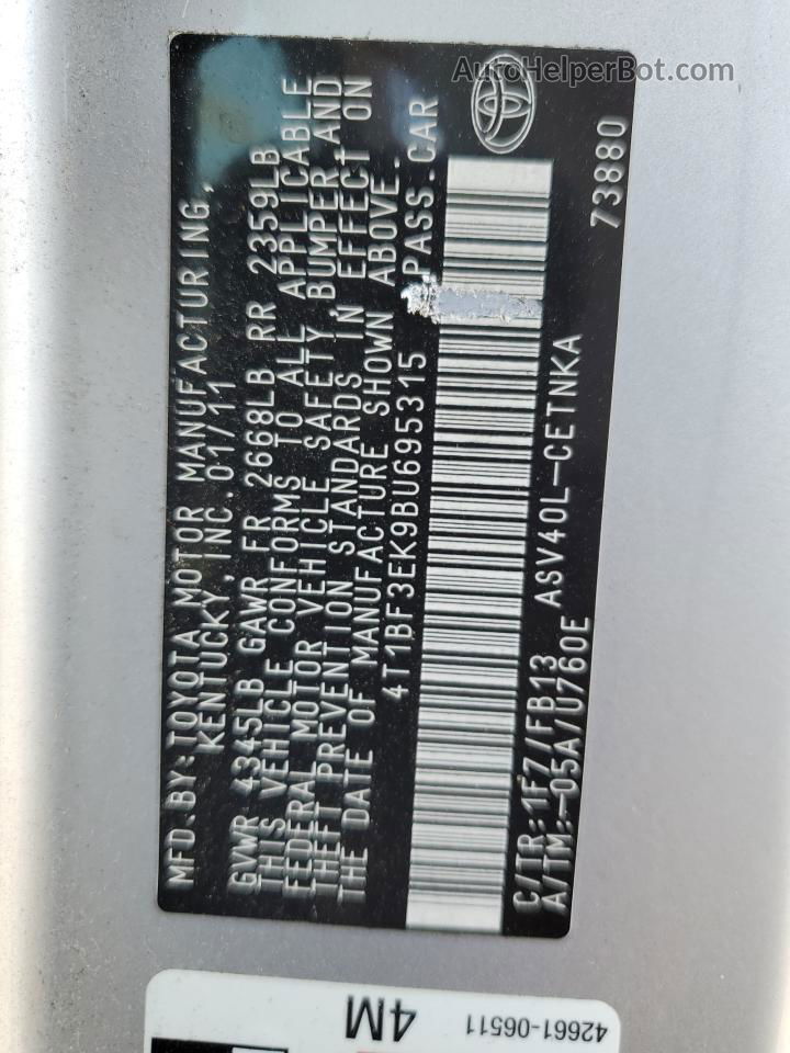 2011 Toyota Camry Base Silver vin: 4T1BF3EK9BU695315