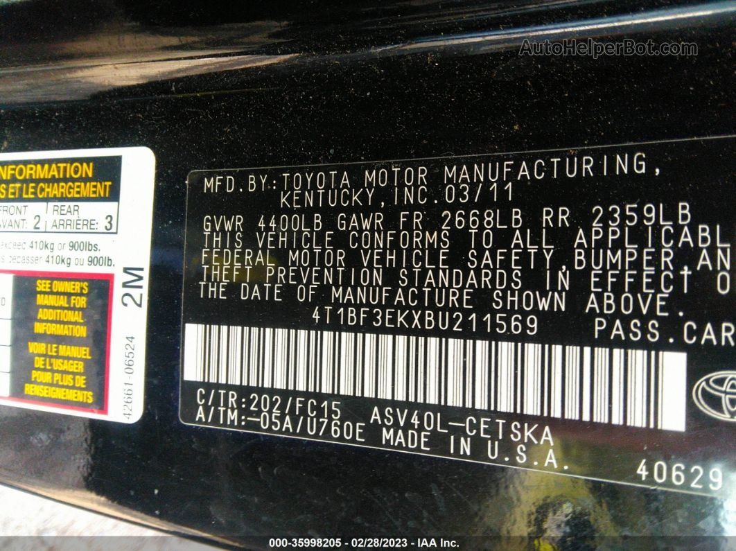 2011 Toyota Camry   Черный vin: 4T1BF3EKXBU211569