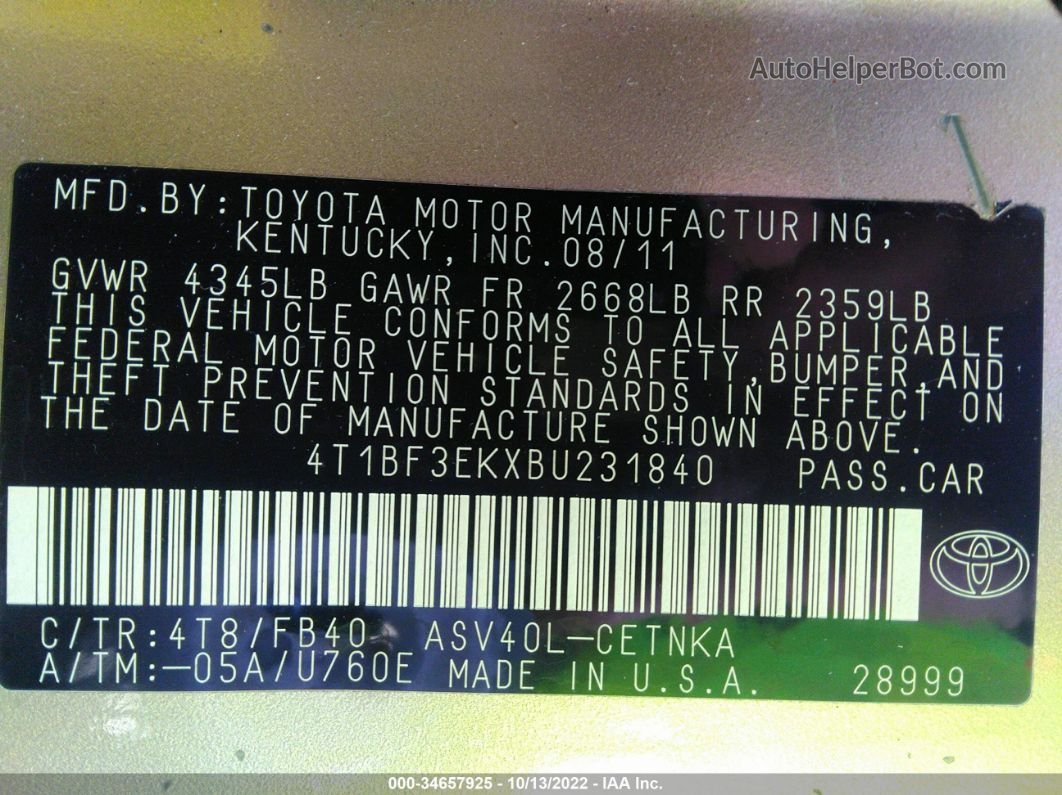 2011 Toyota Camry   Beige vin: 4T1BF3EKXBU231840