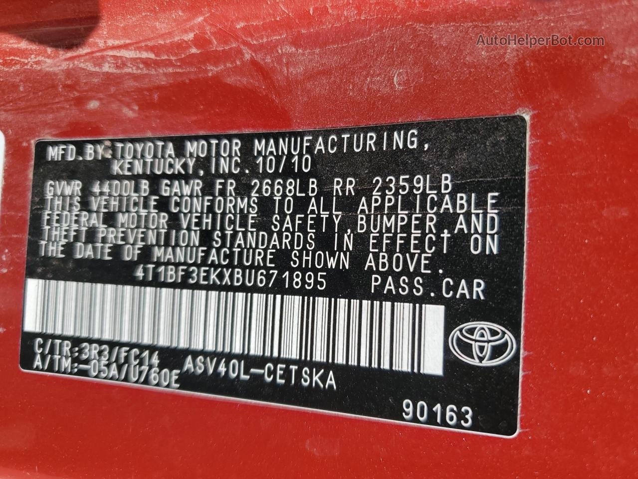2011 Toyota Camry Base Red vin: 4T1BF3EKXBU671895