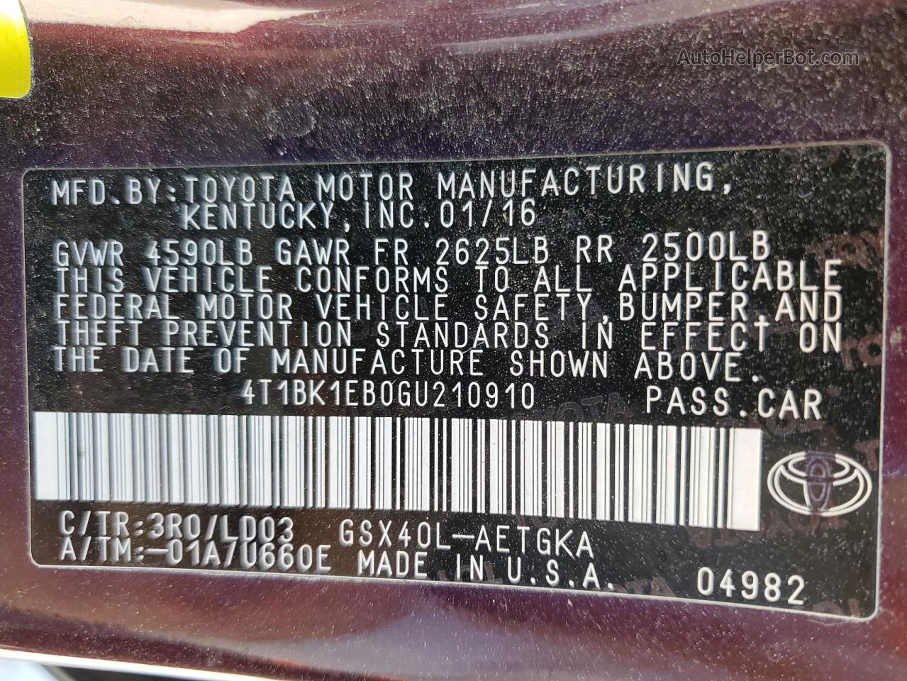 2016 Toyota Avalon Xle Темно-бордовый vin: 4T1BK1EB0GU210910